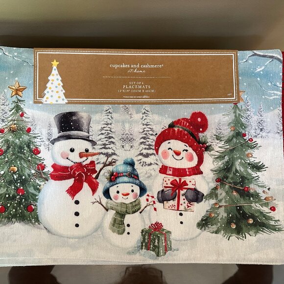NWT 2025 Cupcakes and Cashmere set of 4 13x19" Vintage Snowmen Placemats w/Trees - Picture 1 of 3